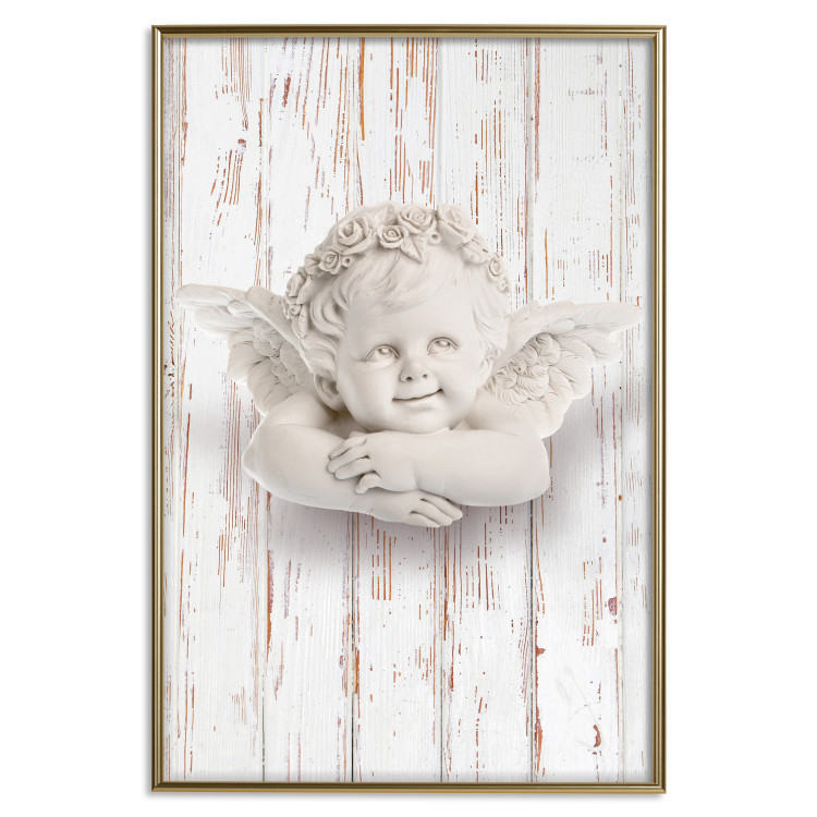 Poster Happy Dawn - sculpture of an angel on a white wooden texture background 125228 additionalImage 20