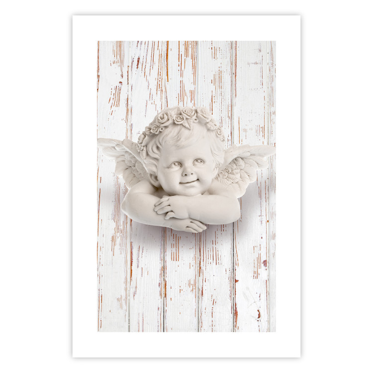 Poster Happy Dawn - sculpture of an angel on a white wooden texture background 125228 additionalImage 25
