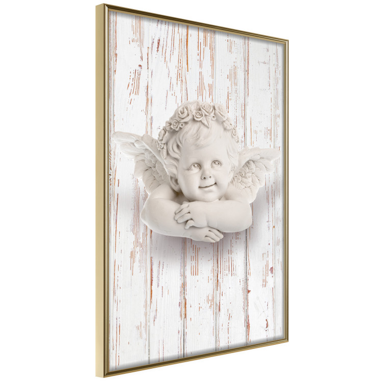 Poster Happy Dawn - sculpture of an angel on a white wooden texture background 125228 additionalImage 12