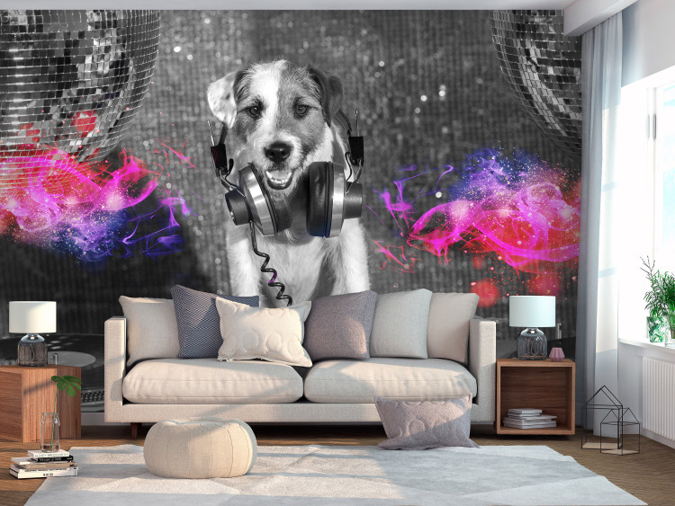 Wall Mural Dog DJ - a playful abstraction in shades of grey with a music motif 129028