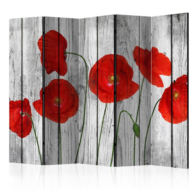 Room Divider Tale of Red Poppies II (5-piece) - wildflowers and boards 133528