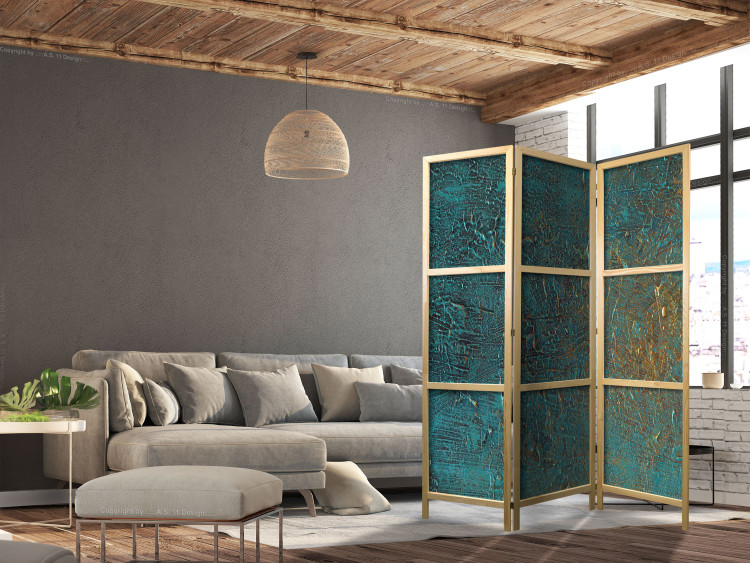 Room Divider Screen Azure Mirror - turquoise abstract texture with golden accent 133628 additionalImage 6