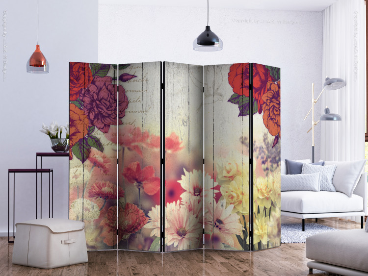 Room Divider Screen Vintage Flowers II - flowers on wooden background with retro-style texts 133828 additionalImage 2