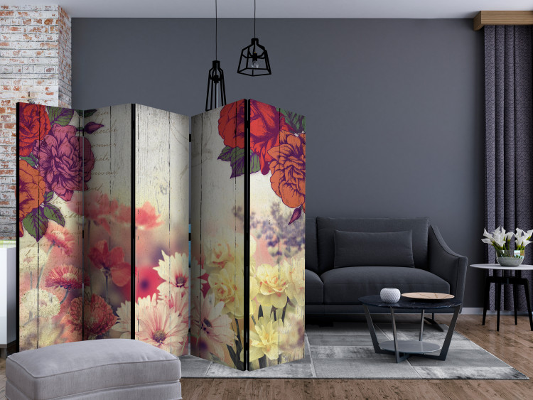 Room Divider Screen Vintage Flowers II - flowers on wooden background with retro-style texts 133828 additionalImage 4