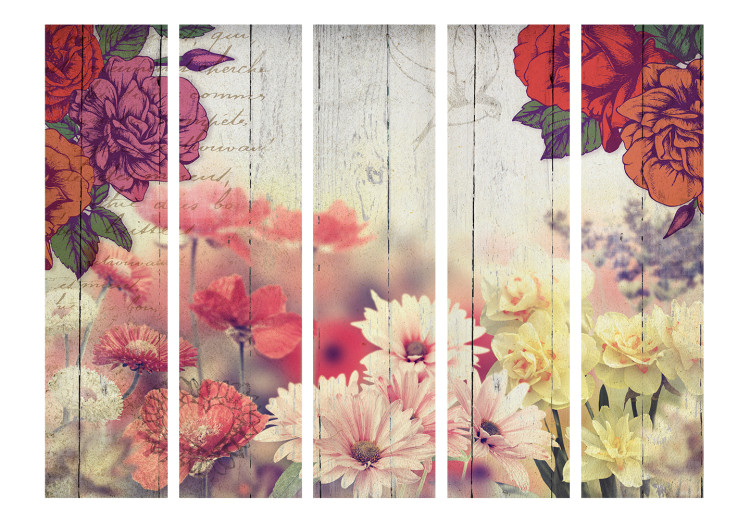 Room Divider Screen Vintage Flowers II - flowers on wooden background with retro-style texts 133828 additionalImage 3