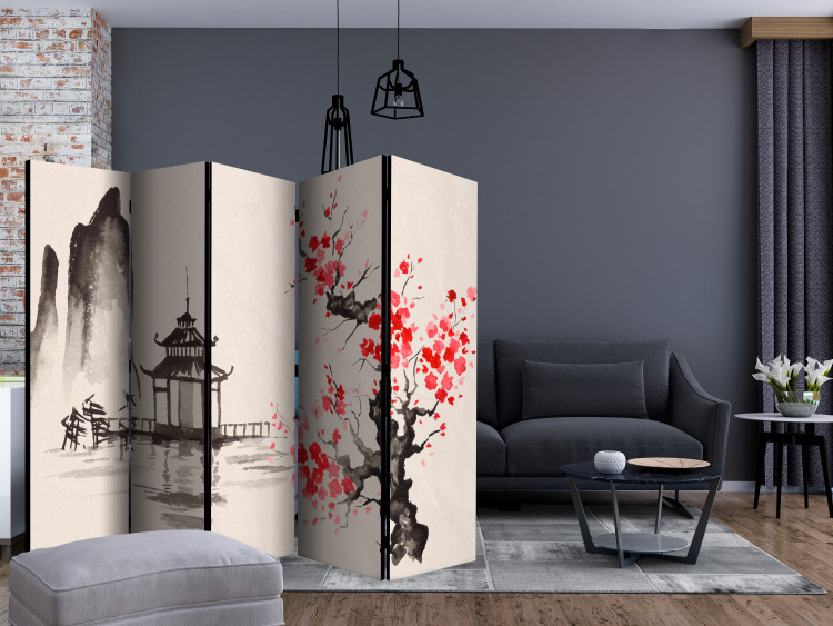 Room Divider Screen Sensei's Hut II (5-piece) - oriental architecture and plants 134328 additionalImage 4