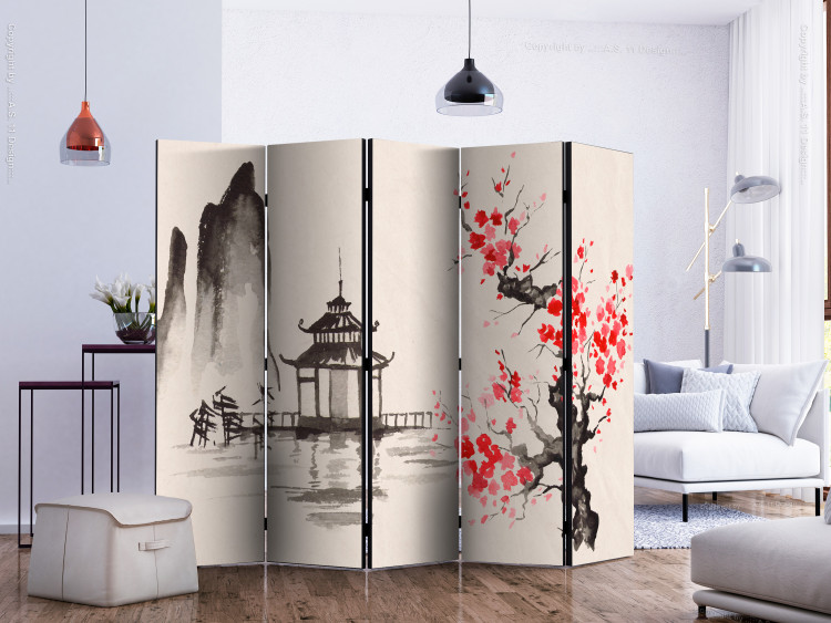 Room Divider Screen Sensei's Hut II (5-piece) - oriental architecture and plants 134328 additionalImage 2