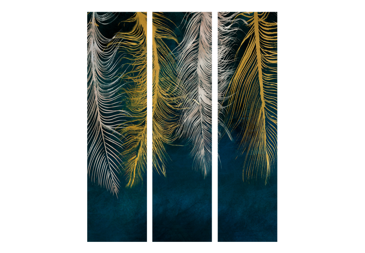 Room Separator Gilded Feathers (3-piece) - Composition in feathers and dark green background 136128 additionalImage 3