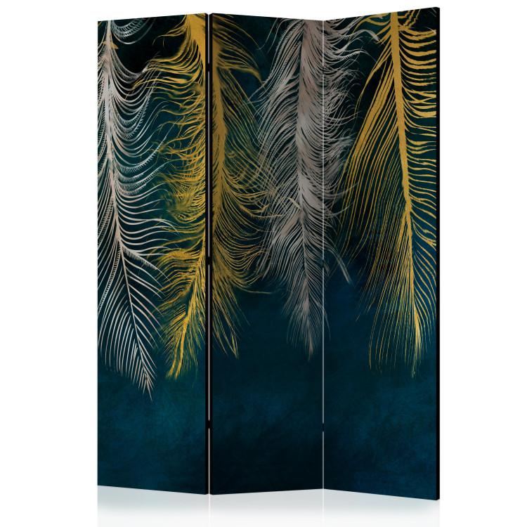 Room Separator Gilded Feathers (3-piece) - Composition in feathers and dark green background 136128