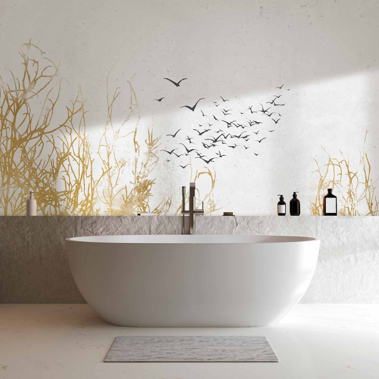 Photo Wallpaper Flying birds - minimalist landscape with golden plant motif 138328 additionalImage 8