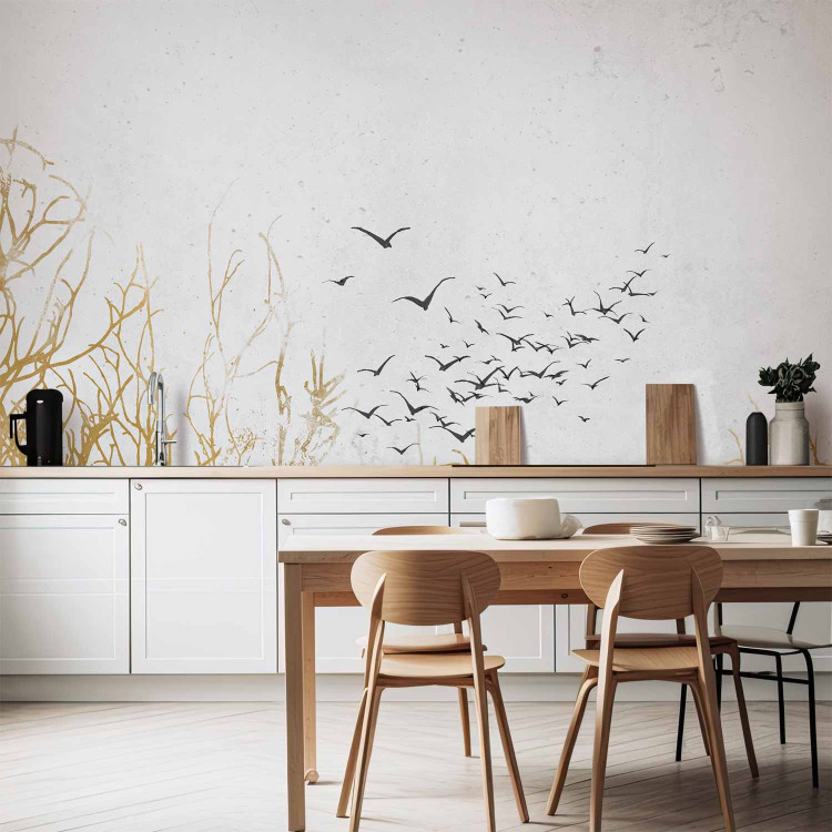 Photo Wallpaper Flying birds - minimalist landscape with golden plant motif 138328 additionalImage 6