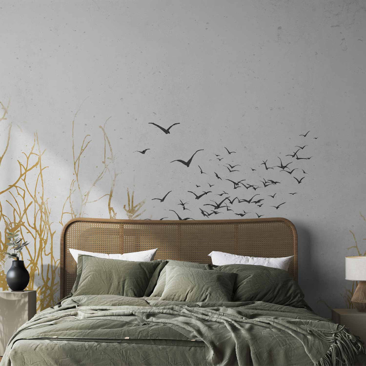 Photo Wallpaper Flying birds - minimalist landscape with golden plant motif 138328 additionalImage 2