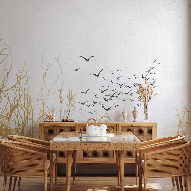 Photo Wallpaper Flying birds - minimalist landscape with golden plant motif 138328 additionalImage 4