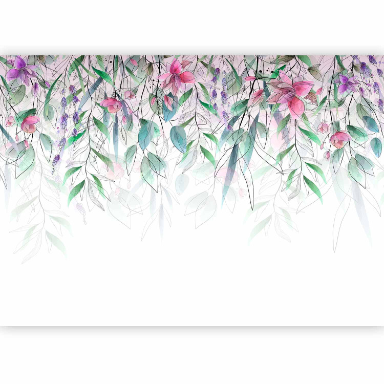 Photo Wallpaper Watercolor Meadow - Pink Flowers and Delicate Leaves on a White Background 145128 additionalImage 1