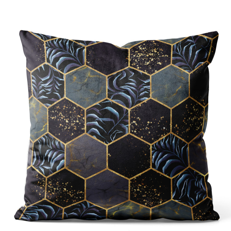 Decorative Velor Pillow Floral geometry - hexagons and branches in dark colours 147228