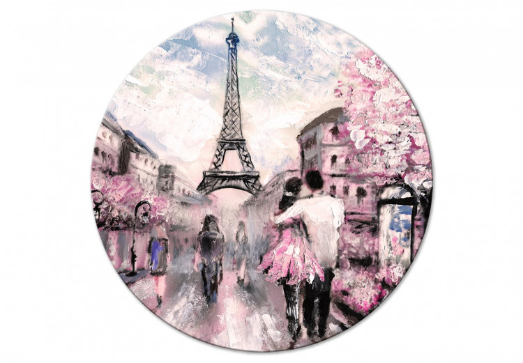 Round Canvas Paris Walk - Painted Landscape With a Couple Walking Against the Background of the Eiffel Tower 148728