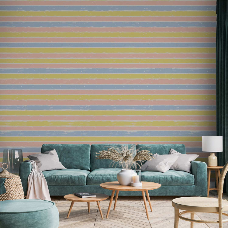Modern Wallpaper Pastel Pattern - Pink, Yellow and Blue Stripes on a White Background 150028