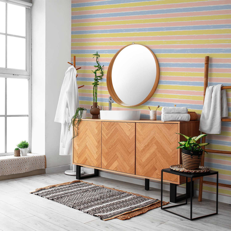 Modern Wallpaper Pastel Pattern - Pink, Yellow and Blue Stripes on a White Background 150028 additionalImage 10