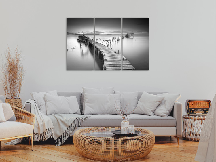 Canvas Art Print Black and White Landscape - Pier on the Lake at Sunset 151828 additionalImage 3