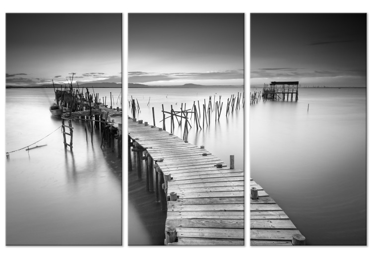 Canvas Art Print Black and White Landscape - Pier on the Lake at Sunset 151828