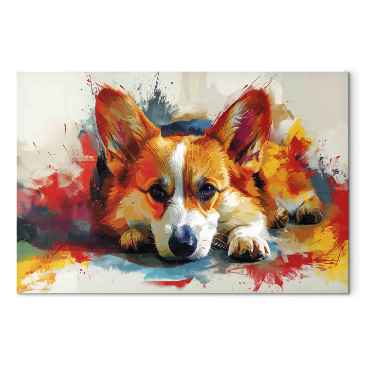 Canvas Art Print Painting Dog - Corgi Waiting for a Bone Among Colorful Paints 159528