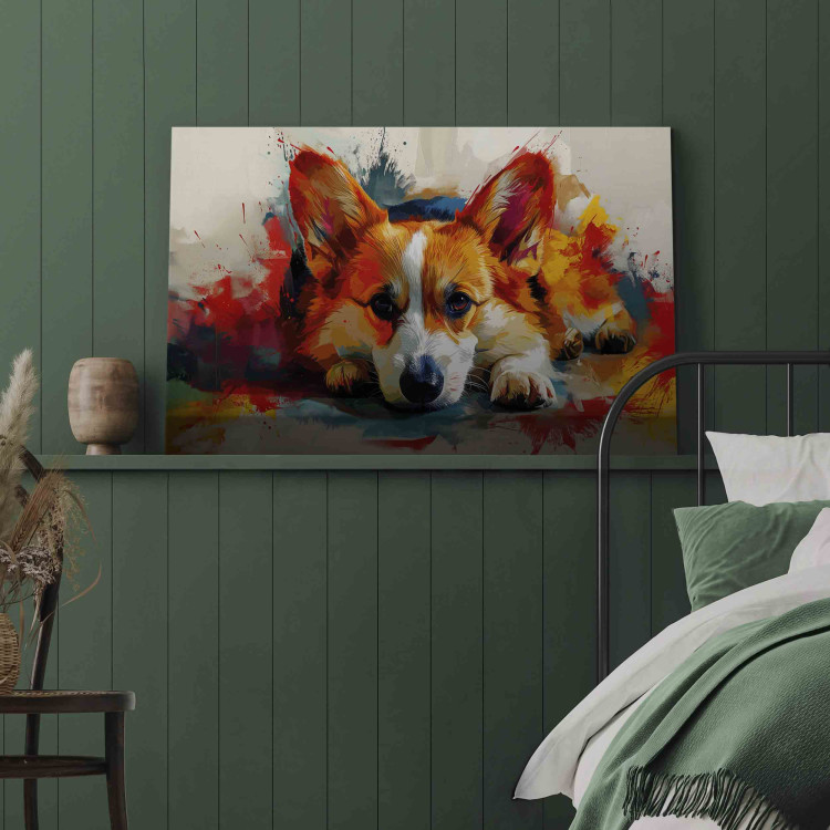 Canvas Art Print Painting Dog - Corgi Waiting for a Bone Among Colorful Paints 159528 additionalImage 9