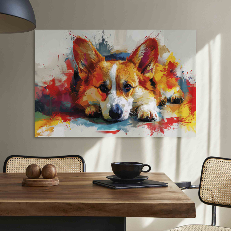 Canvas Art Print Painting Dog - Corgi Waiting for a Bone Among Colorful Paints 159528 additionalImage 5