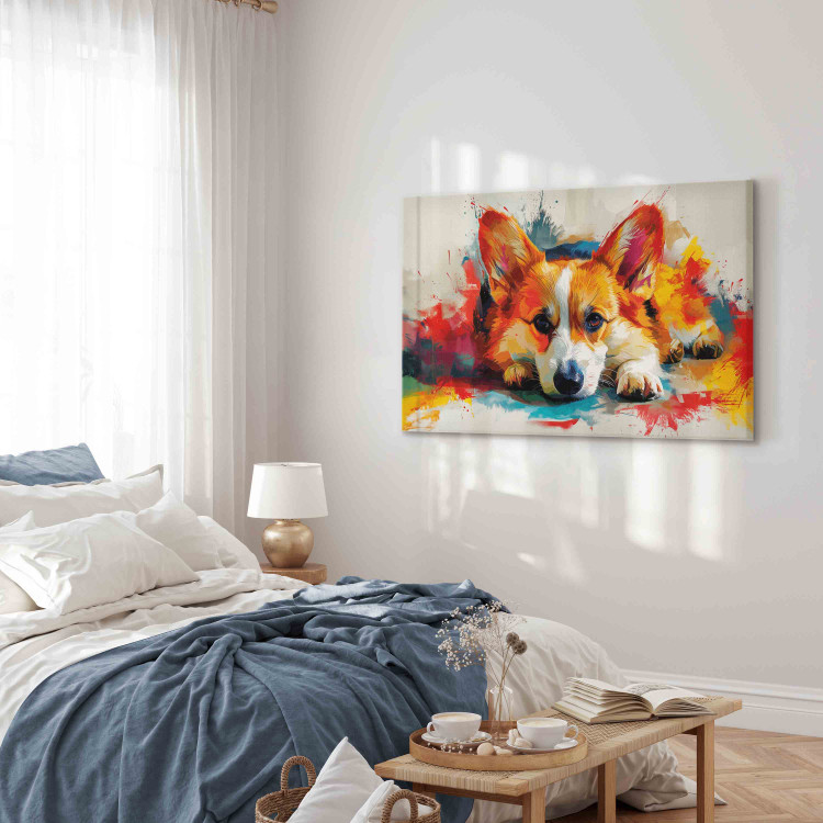 Canvas Art Print Painting Dog - Corgi Waiting for a Bone Among Colorful Paints 159528 additionalImage 10