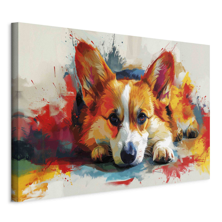 Canvas Art Print Painting Dog - Corgi Waiting for a Bone Among Colorful Paints 159528 additionalImage 2
