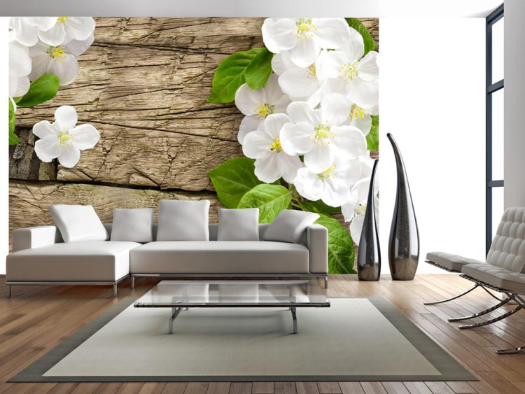Photo Wallpaper Nature - Raw Wood surrounded by White Flowers with Green Leaves 60728