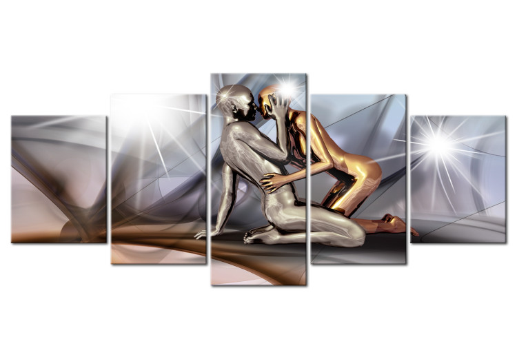 Canvas Print Golden Couple (5-part) Wide - Sculptures of People with Golden Silhouettes 107238