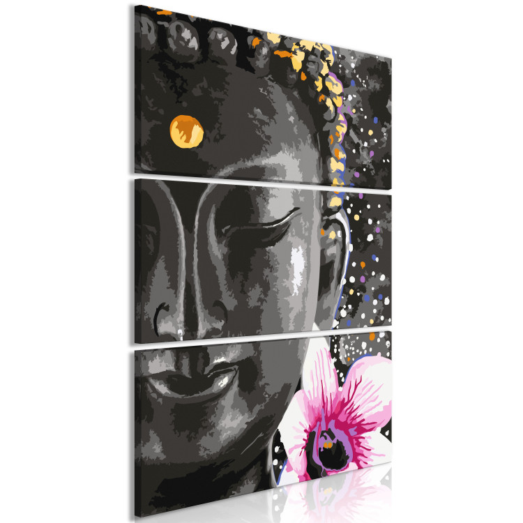 Canvas Art Print Buddha's face - a portrait of a figure in dark gray with a pink flower 108238 additionalImage 2