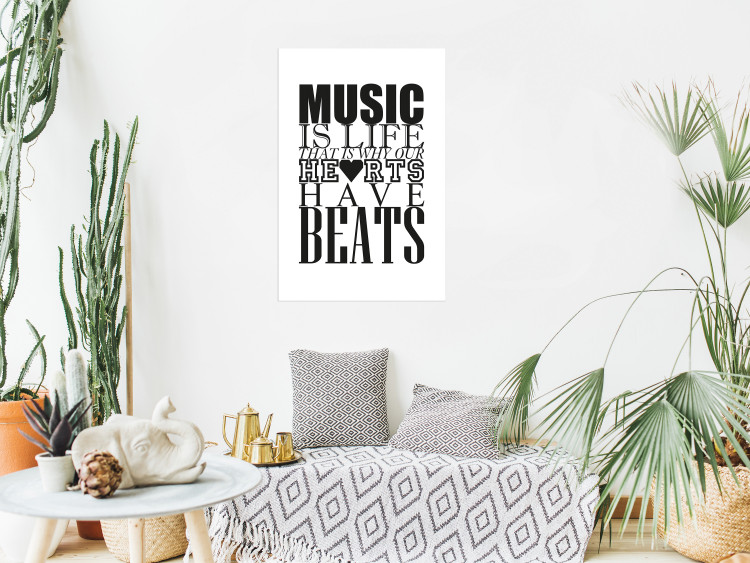 Wall Poster Music Is Life - composition with black and white texts and a heart between them 114738 additionalImage 2