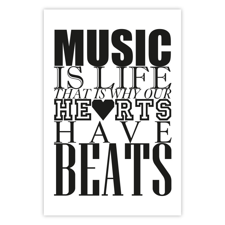 Wall Poster Music Is Life - composition with black and white texts and a heart between them 114738