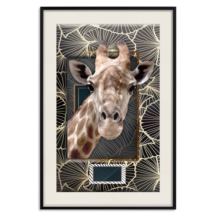 Wall Poster Giraffe - animal portrait on a patterned background with a motif of golden leaves 116438 additionalImage 18