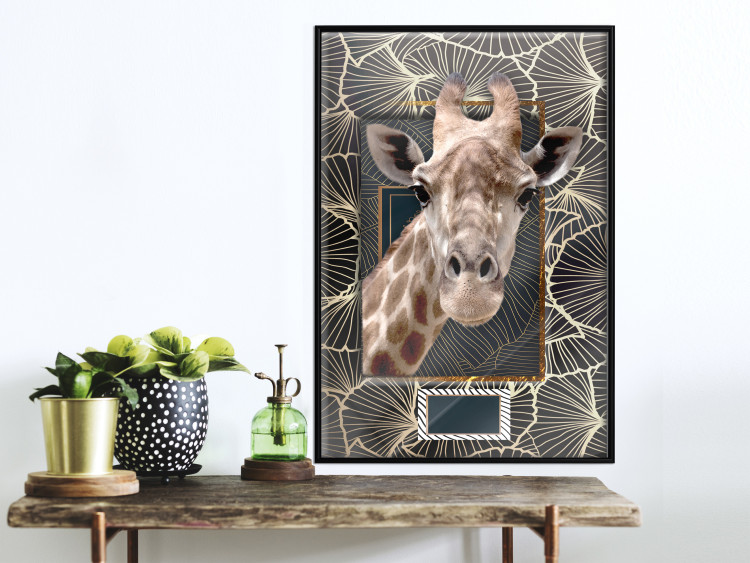 Wall Poster Giraffe - animal portrait on a patterned background with a motif of golden leaves 116438 additionalImage 5