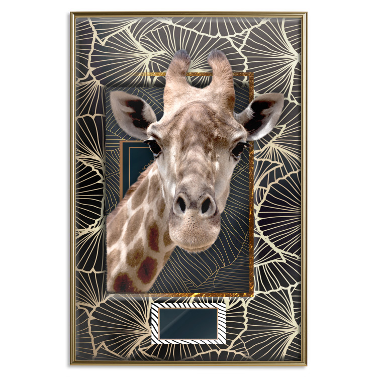 Wall Poster Giraffe - animal portrait on a patterned background with a motif of golden leaves 116438 additionalImage 16