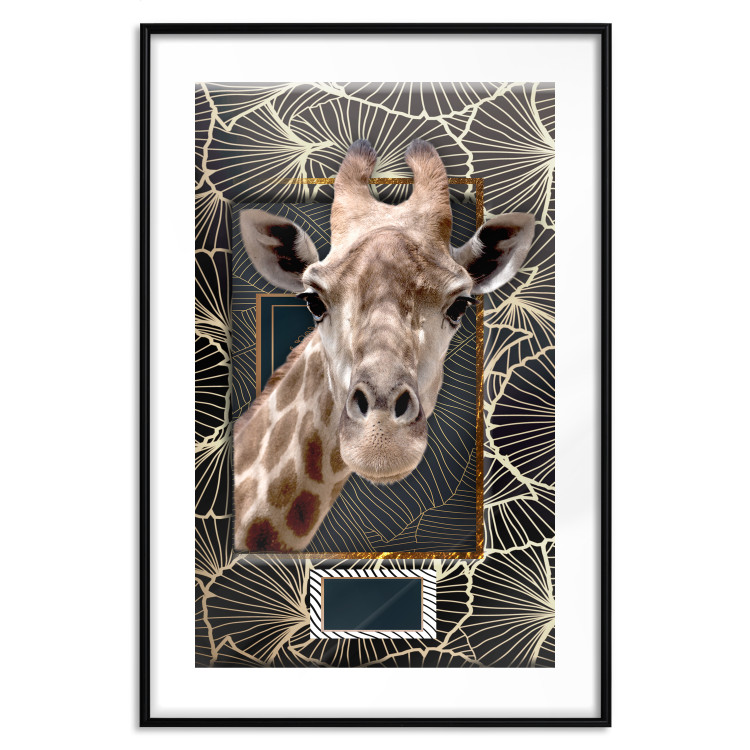 Wall Poster Giraffe - animal portrait on a patterned background with a motif of golden leaves 116438 additionalImage 15