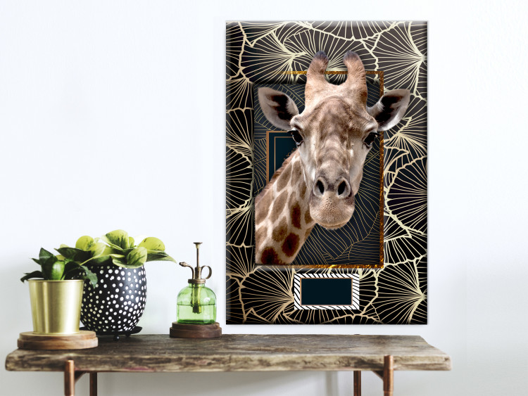 Wall Poster Giraffe - animal portrait on a patterned background with a motif of golden leaves 116438 additionalImage 23