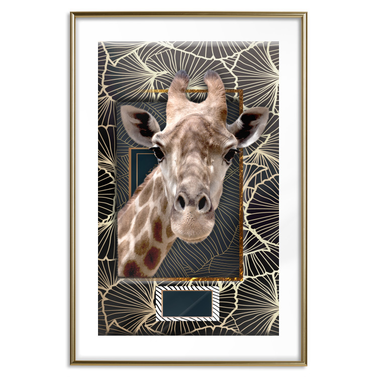 Wall Poster Giraffe - animal portrait on a patterned background with a motif of golden leaves 116438 additionalImage 14