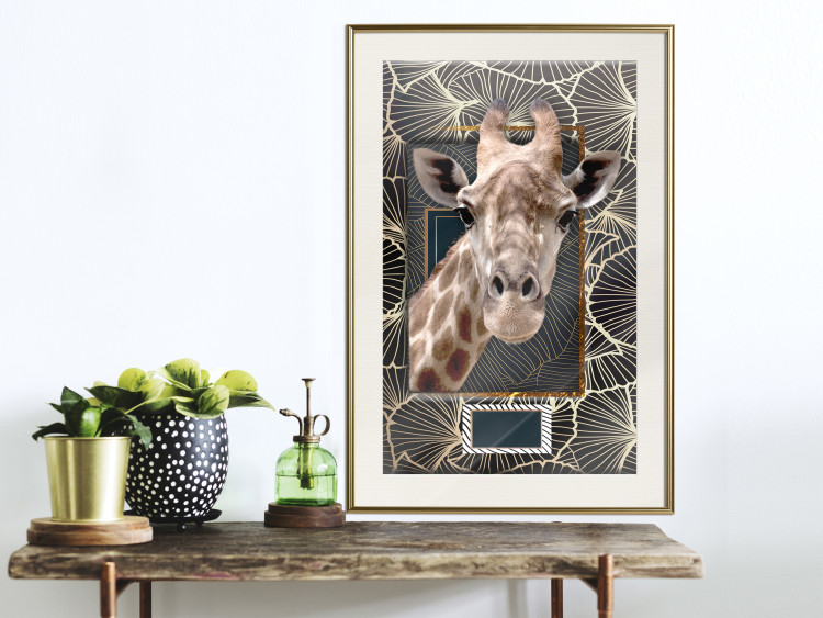 Wall Poster Giraffe - animal portrait on a patterned background with a motif of golden leaves 116438 additionalImage 21