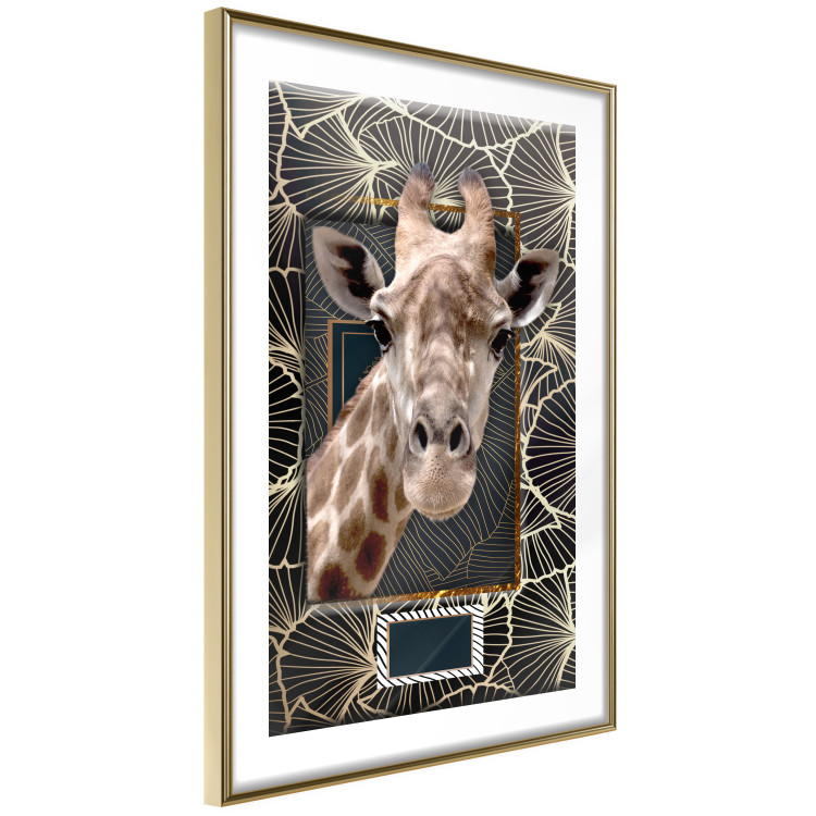 Wall Poster Giraffe - animal portrait on a patterned background with a motif of golden leaves 116438 additionalImage 8