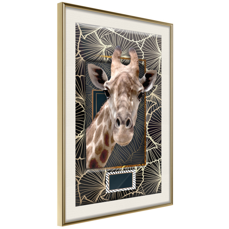 Wall Poster Giraffe - animal portrait on a patterned background with a motif of golden leaves 116438 additionalImage 2