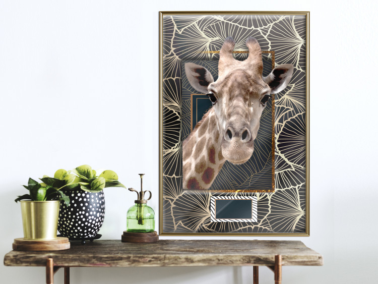 Wall Poster Giraffe - animal portrait on a patterned background with a motif of golden leaves 116438 additionalImage 7