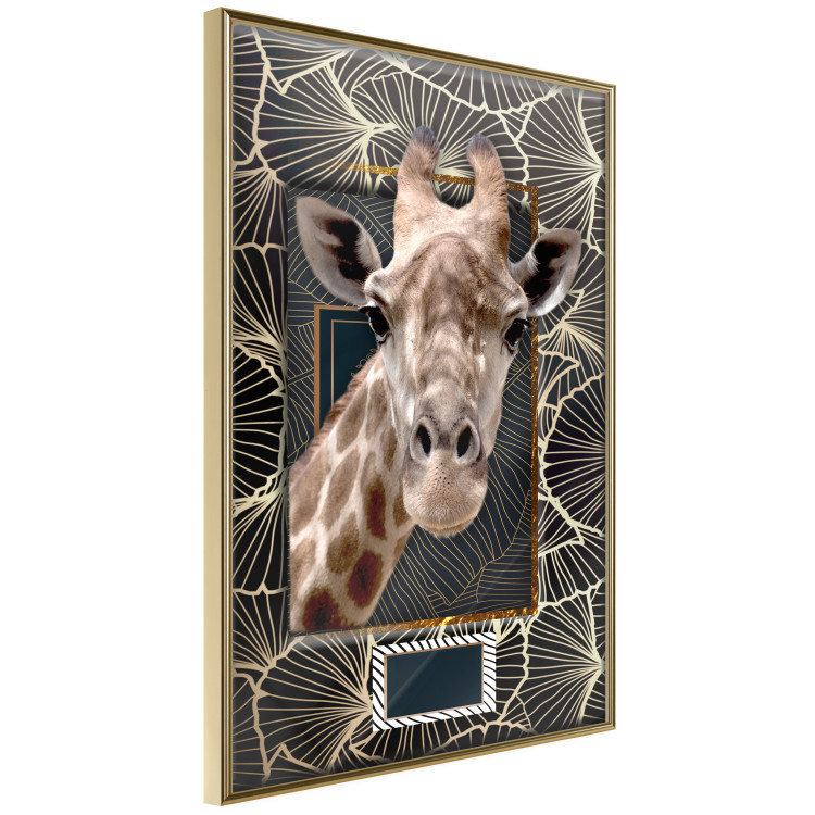 Wall Poster Giraffe - animal portrait on a patterned background with a motif of golden leaves 116438 additionalImage 12