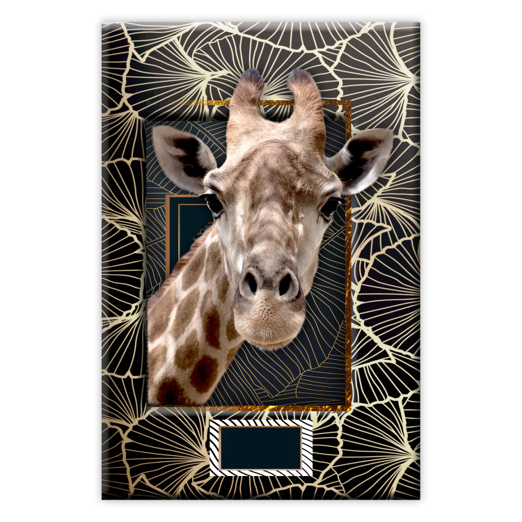 Wall Poster Giraffe - animal portrait on a patterned background with a motif of golden leaves 116438