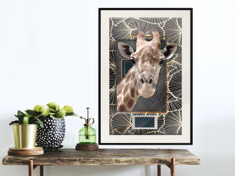 Wall Poster Giraffe - animal portrait on a patterned background with a motif of golden leaves 116438 additionalImage 22