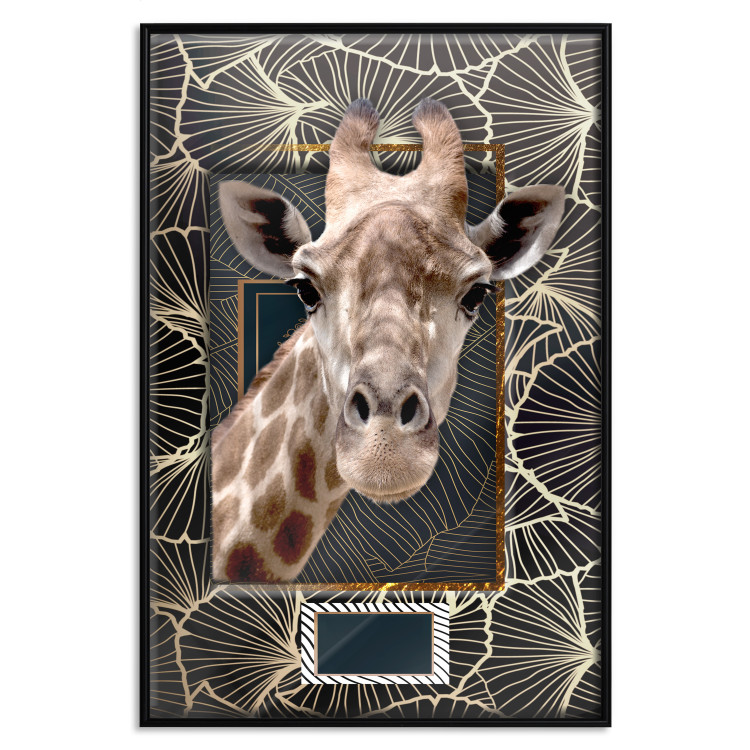 Wall Poster Giraffe - animal portrait on a patterned background with a motif of golden leaves 116438 additionalImage 24