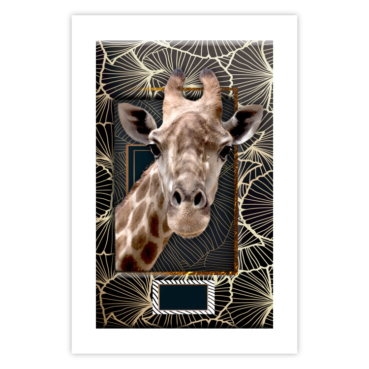 Wall Poster Giraffe - animal portrait on a patterned background with a motif of golden leaves 116438 additionalImage 19