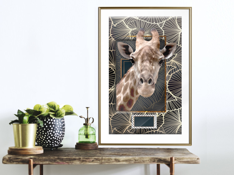 Wall Poster Giraffe - animal portrait on a patterned background with a motif of golden leaves 116438 additionalImage 15